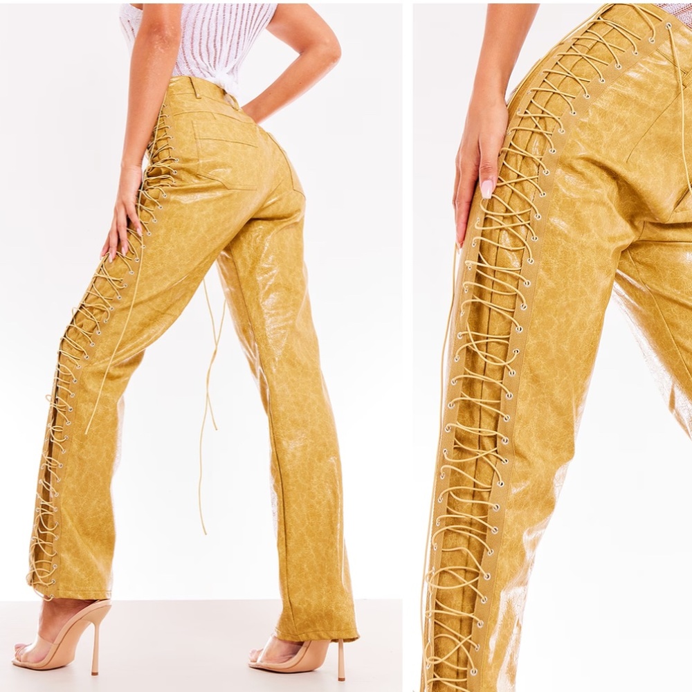Mustard Washed Faux Leather Lace Up Straight Leg Pant
